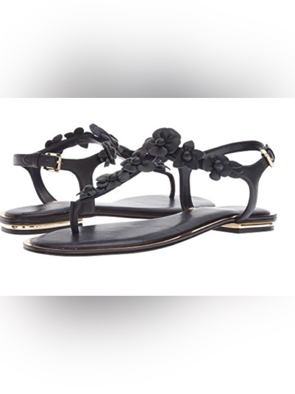 Michael Kors Tricia Black Floral Leather T-Strap Sandals Gold Trim 8.5